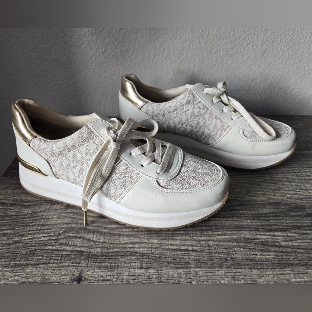 Michael Kors Monique Trainer Sneakers White and Gold Shoes For Women, Size 7